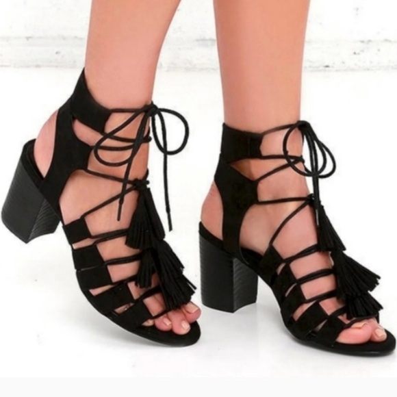 Coconuts by Matisse Shoes - COCONUTS MATISSE Copa Tassel Lace Up Strappy Sandals Heel Suede Black 6